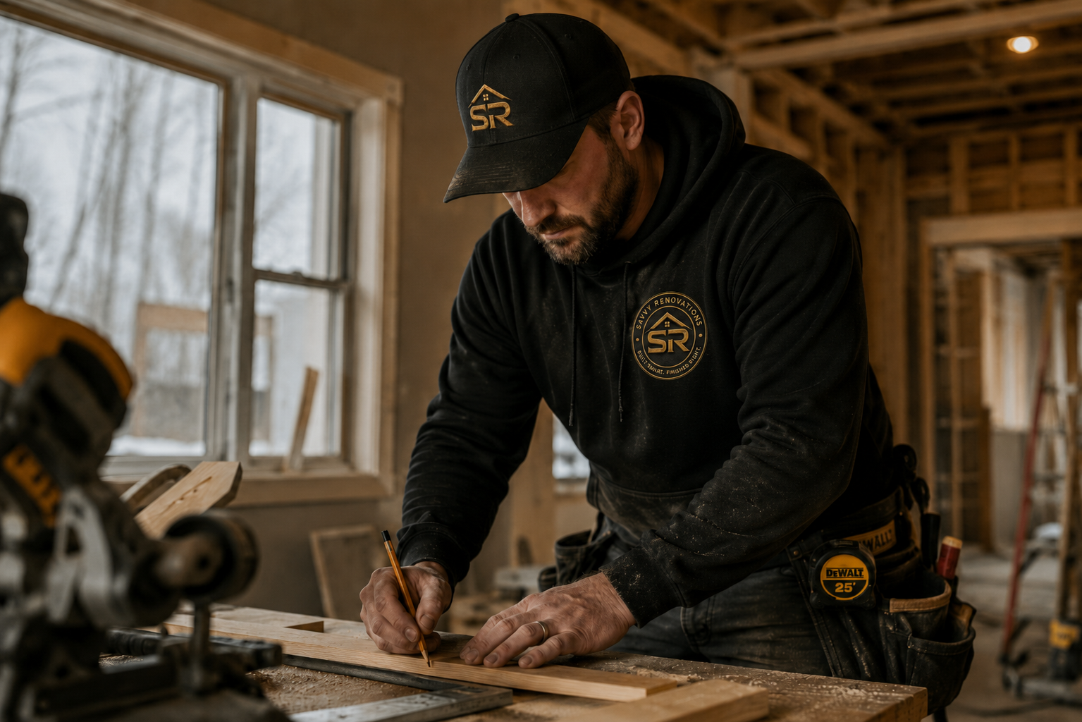 Savvy Renovations builder marking out a cut in the workshop