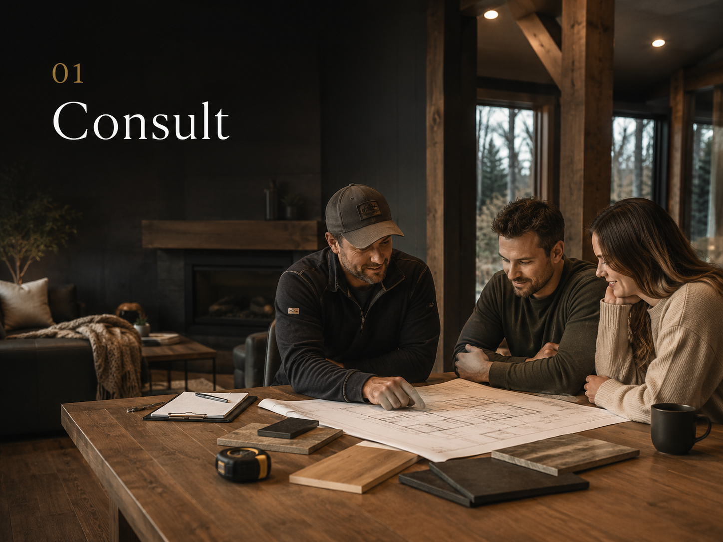 Builder and homeowners reviewing renovation plans together at a wood table