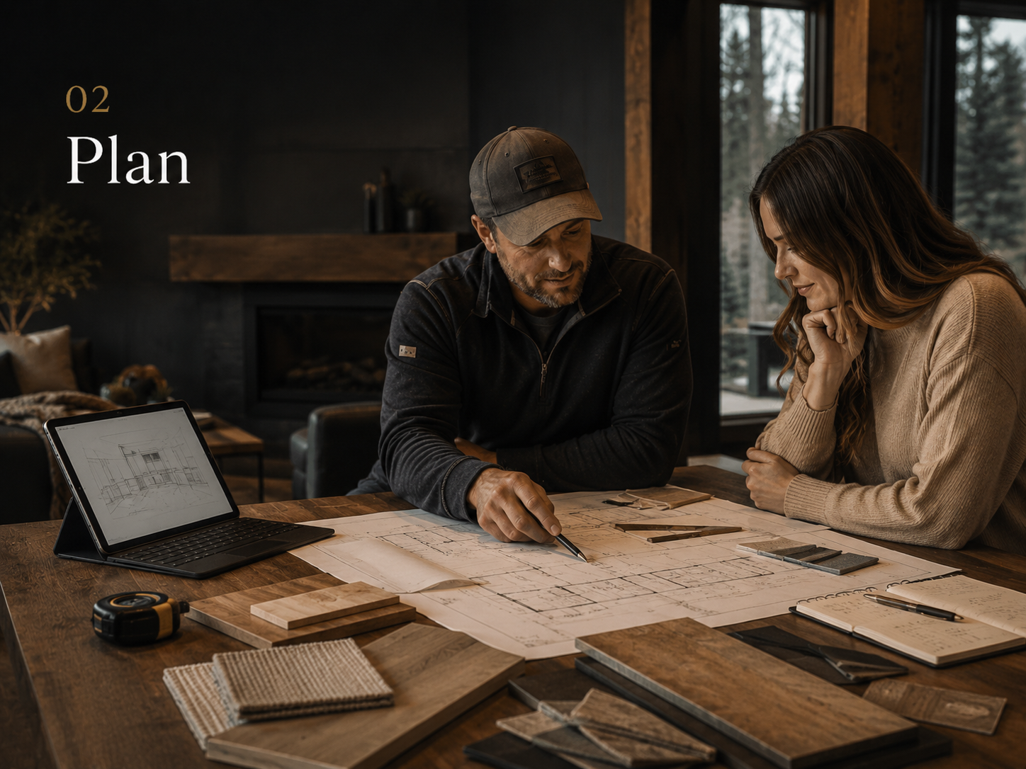 Detailed renovation plans, samples, and floor plans laid out on a workbench