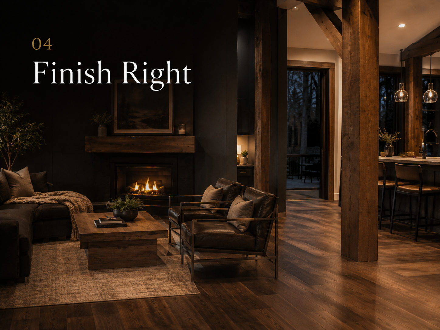 Finished living room with a fireplace, leather chairs, and warm timber accents