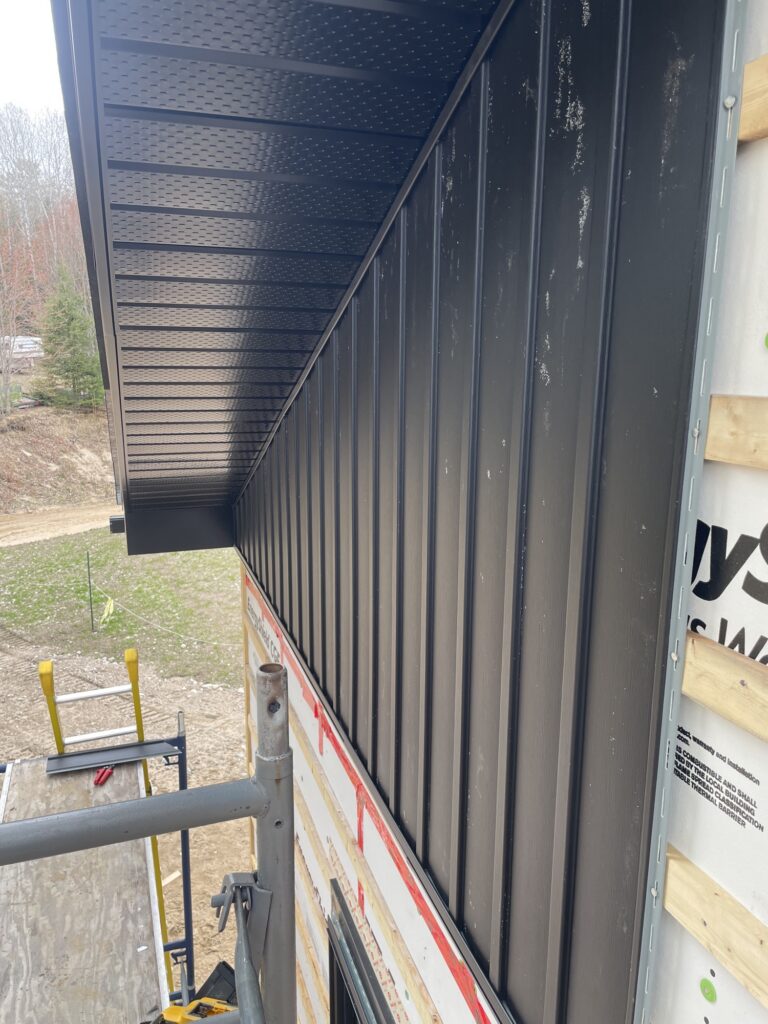Completed black board-and-batten exterior with crisp soffit detailing.
