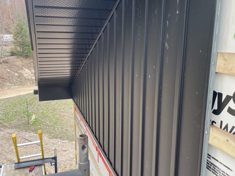 Completed black board-and-batten exterior with crisp soffit detailing.