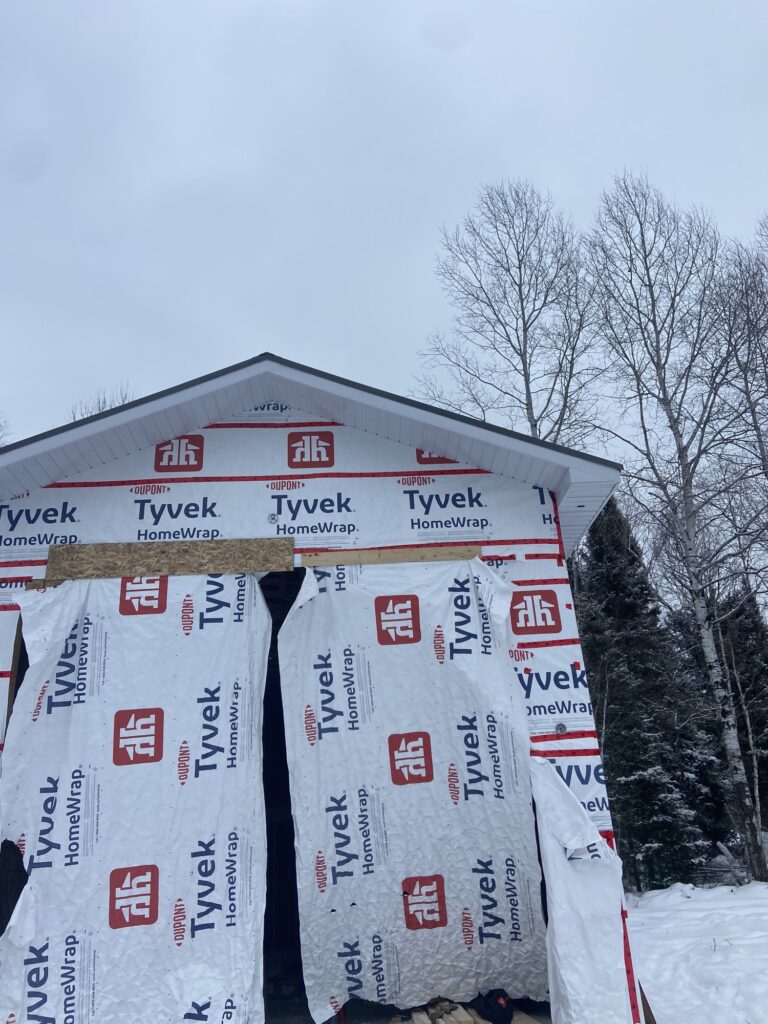Garage wrapped and roofed during a Northern Ontario winter.