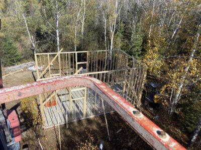 Elevated view of the framed garage walls and interior layout